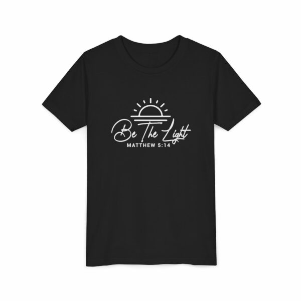 Black t-shirt with "Be the Light" in white font, inspired by Matthew 5:14, designed for kids.