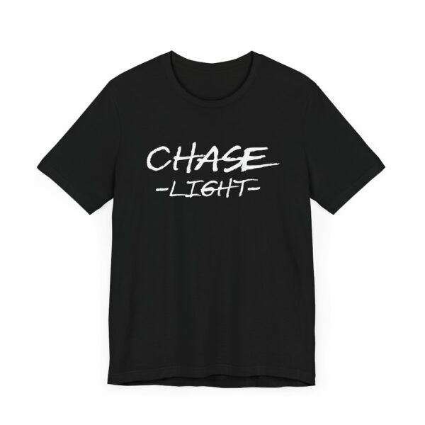 Chase Light T-Shirt in Bella+Canvas 3001 fabric with a minimalistic chest design in white font on a black t-shirt.